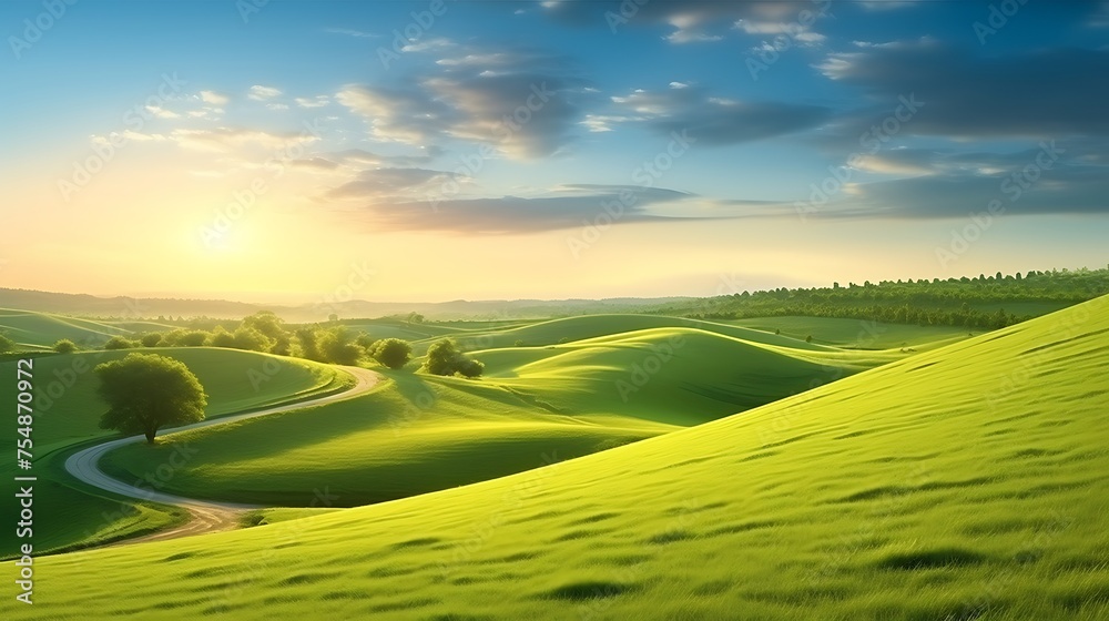 Picturesque winding path through a green grass field in hilly area in morning at dawn against blue sky with clouds. Natural panoramic spring summer landscape - obrazy, fototapety, plakaty 