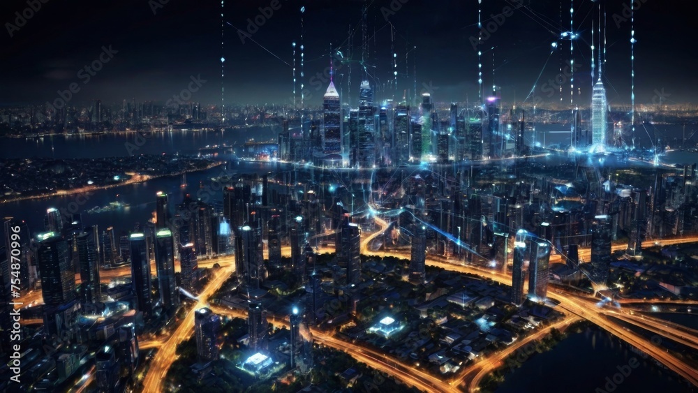 Business strategy in action: Top view of businessman leveraging modern technology with digital layer effects. Cityscape at night symbolizing wireless network and connection technology.
