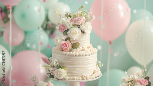 Delicate wedding scene: white two-tiered cake adorned with flowers amidst air balloons, featuring soft white, pink, and mint tones, ideal for website backgrounds, wedding cards, and banners.