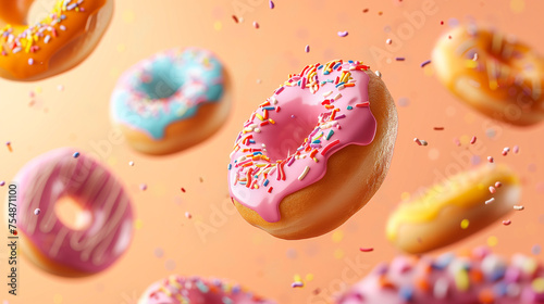 Wallpaper Background: Flying Appetizing Donuts Covered in Multicolored Glaze, Set Against a Soft Peach-Colored Background, Creating a Whimsical and Mouthwatering Atmosphere.