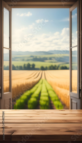 Table with view of summer wheat fields with copy space photo