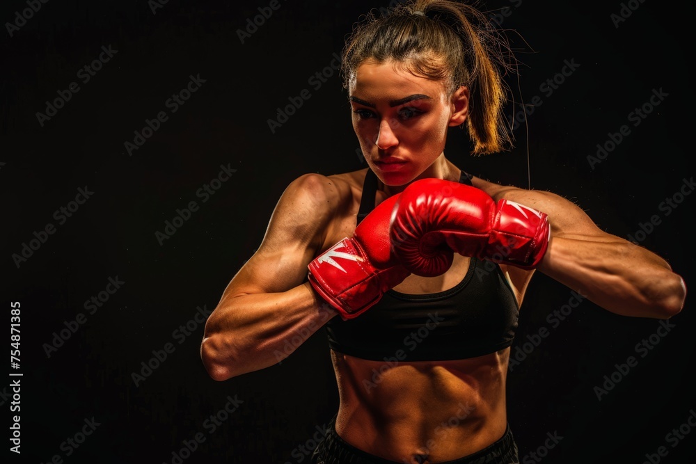 A woman wearing a black top and red boxing gloves.