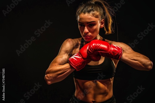 A woman wearing a black top and red boxing gloves. © pham