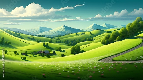 Beautiful spring landscape scene with rolling green hills