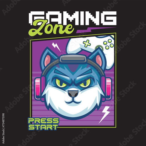 Vector Illustration of Cat wearing Headphone and Joystick with Vintage Hand Drawing Style Available for Tshirt Design