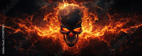 Flaming skull with crack detail on black