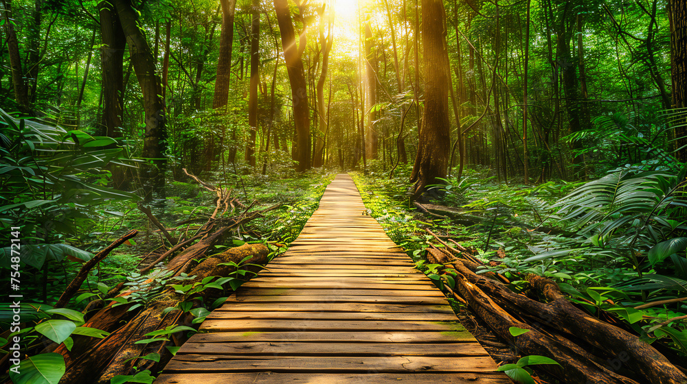 Obraz premium Tranquil Forest Bridge, Serene Walkway Amongst Lush Foliage, Peaceful Nature Journey