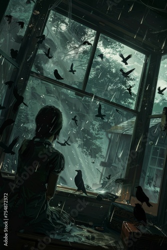 a witch surrounded by black birds, dark room with a big window and a storm outside 