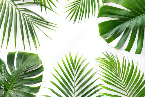 A cluster of vibrant green leaves arranged on a clean white background. © pham