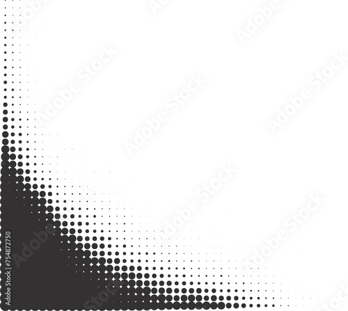 Halftone comic dotted corner. Old grainy frame. Grunge retro gradient border. Abstract pop art design element. photo