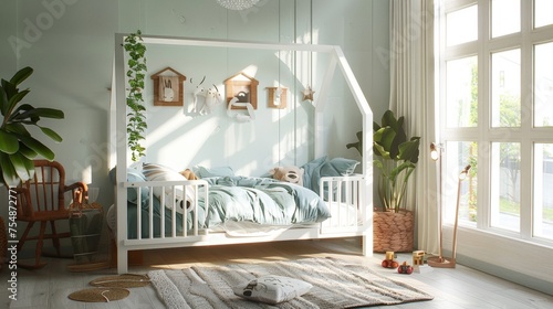 Minimal Style Cozy Child Bedroom Interior with Sunlight