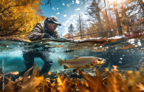Photo of a fly fisherman with his fishing rod, an underwater view from the water surface showing an action shot where he is pulling out a large rainbow trout from a river in an autumn forest landscape