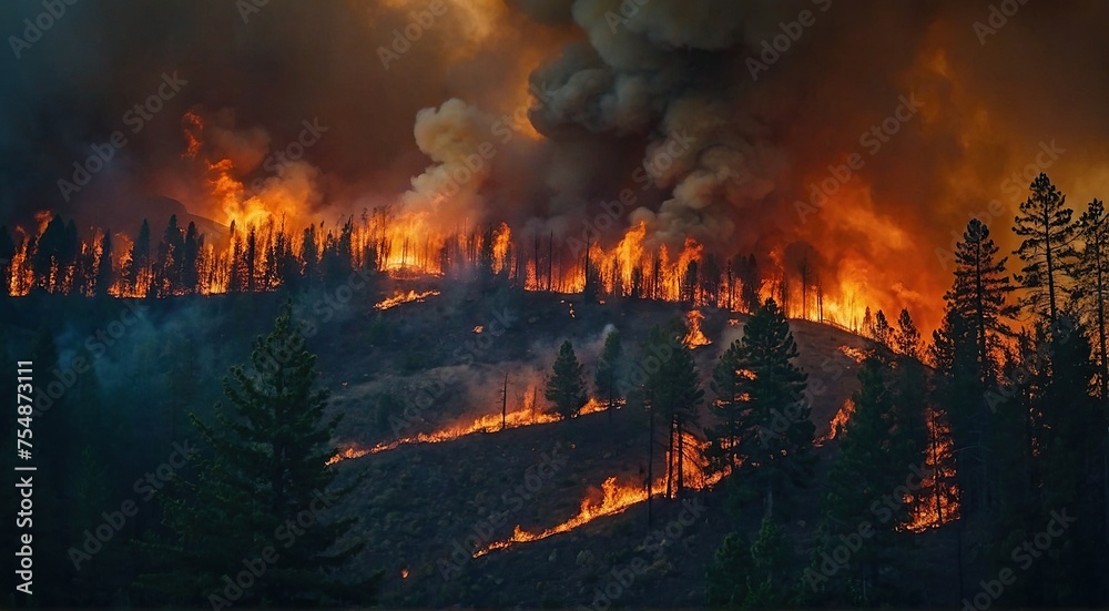  Forest Fire Consuming Trees in the Darkness