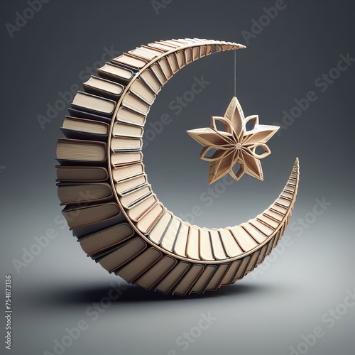 3D realistic crescent moon made of books with ramadan theme, isolated on background, Generative AI