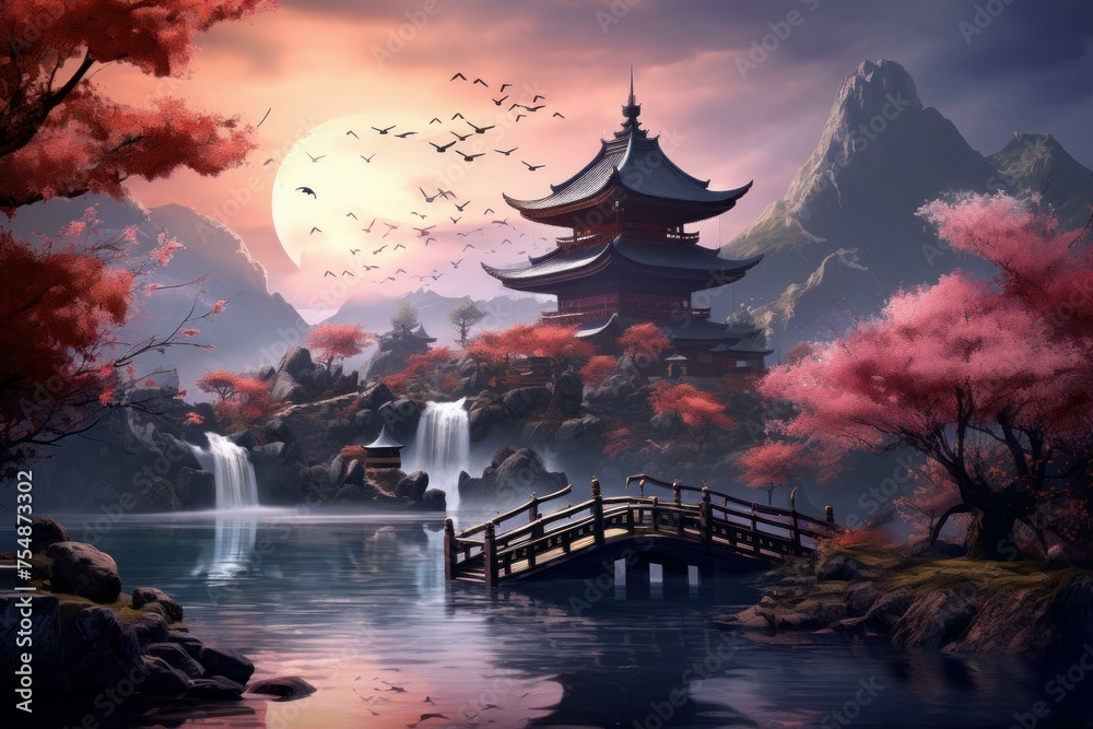 Picturesque Oriental lanscape. Japan art sky. Generate Ai