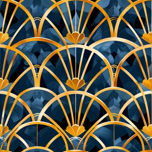 Elegant Art Deco Fan Pattern in Blue and Gold 