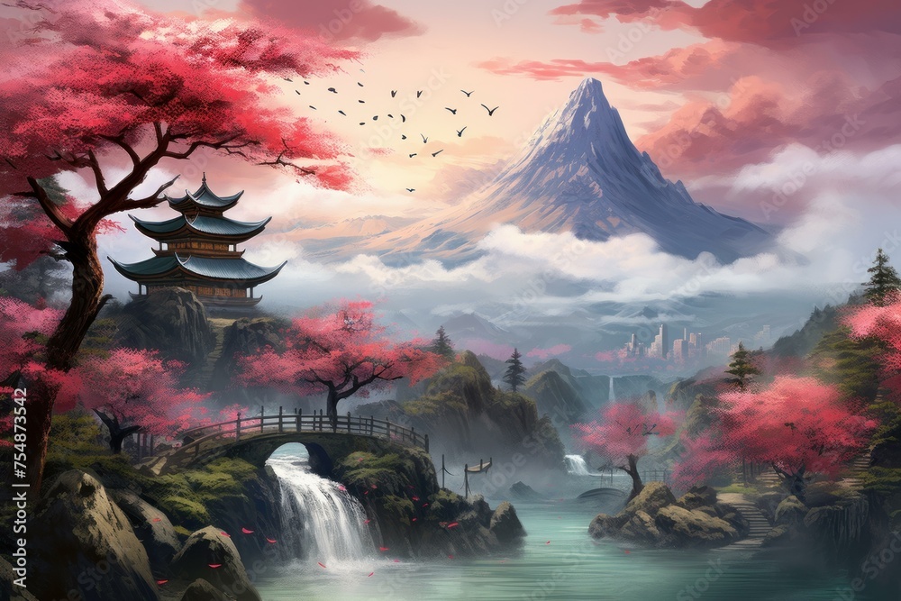 Serene Oriental landscape sakura. Asia house. Generate Ai
