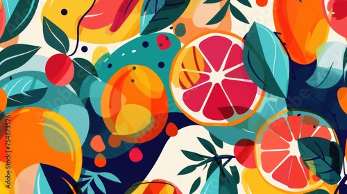 Abstract background with fruits in minimalistic flat hand drawn naive style. Simple tropical summer banner  trendy stylish fashion print  poster