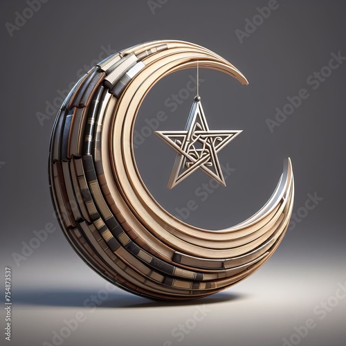 3D realistic crescent moon made of books with ramadan theme, isolated on background, Generative AI