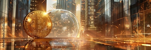 Digital currency concept with a golden Bitcoin and skyscraper reflections