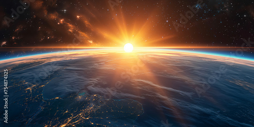Weltkugel auf dunklen Hintergrund vom Weltall mit aufgehender Sonne als Nahaufnahme im Querformat für Banner, ai generativ