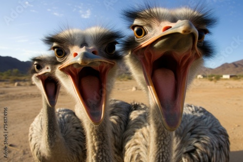 Unconventional Ostrich selfie funny head. Nature eye bird. Generate Ai © juliars