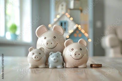 Several piggy banks lined up neatly on a wooden table.