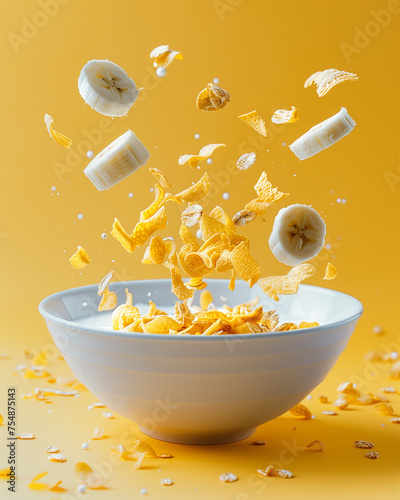Cornflakes in bowl with splashing milk, banana slices, and scattered cereal on table, dark yellow background - breakfast concept image