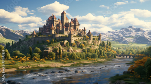 A towering medieval castle with turrets, ramparts, and a moat, set amidst rolling hills.