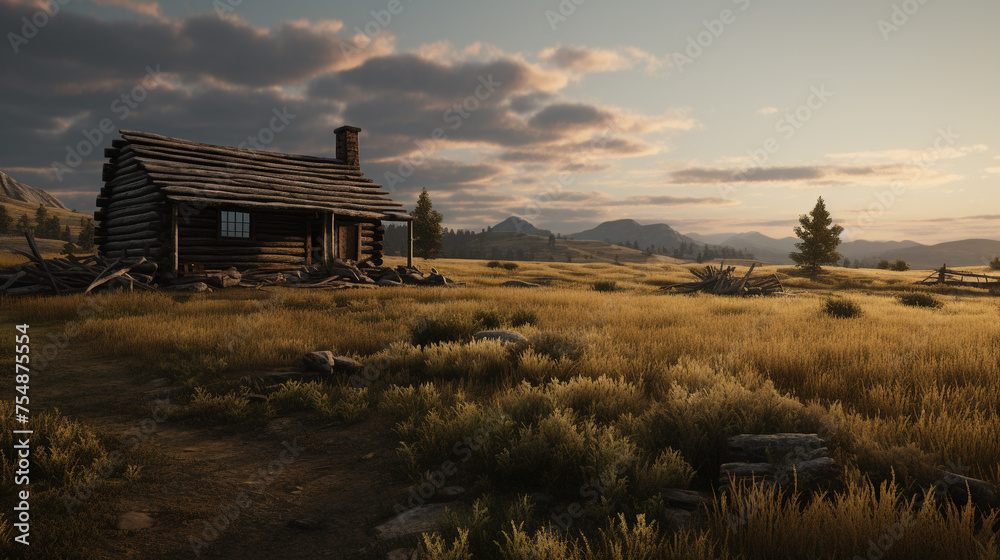 A weathered log cabin in a desolate prairie, its wood darkened by age and elements.