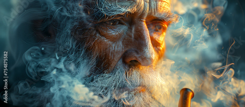 old person smoking an old pipe, surrounded by his own smoke
