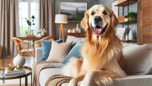 Portrait of a Golden retriever dog sitting on the sofa at living room, chill and relax. Modern lounge. 