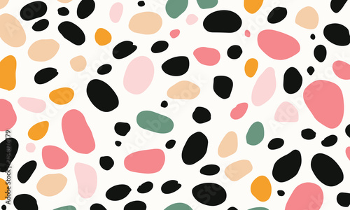 Pattern of Irregularly Shaped Dots in Various Colors, Resembling Pebbles or Stones, Scattered Across the Canvas in a Minimalistic Design. The Color Palette Includes Black, White, Green, Orange & Pink