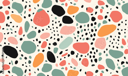 Pattern of Irregularly Shaped Dots in Various Colors, Resembling Pebbles or Stones, Scattered Across the Canvas in a Minimalistic Design. The Color Palette Includes Black, White, Green, Orange & Pink