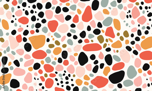 Pattern of Irregularly Shaped Dots in Various Colors, Resembling Pebbles or Stones, Scattered Across the Canvas in a Minimalistic Design. The Color Palette Includes Black, White, Green, Orange & Pink