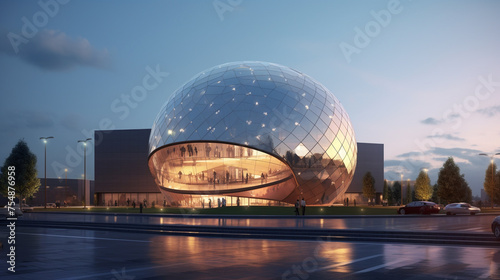 Exterior of a cultural center dominated by a large spherical element. photo