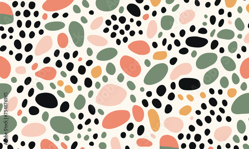 Pattern of Irregularly Shaped Dots in Various Colors, Resembling Pebbles or Stones, Scattered Across the Canvas in a Minimalistic Design. The Color Palette Includes Black, White, Green, Orange & Pink