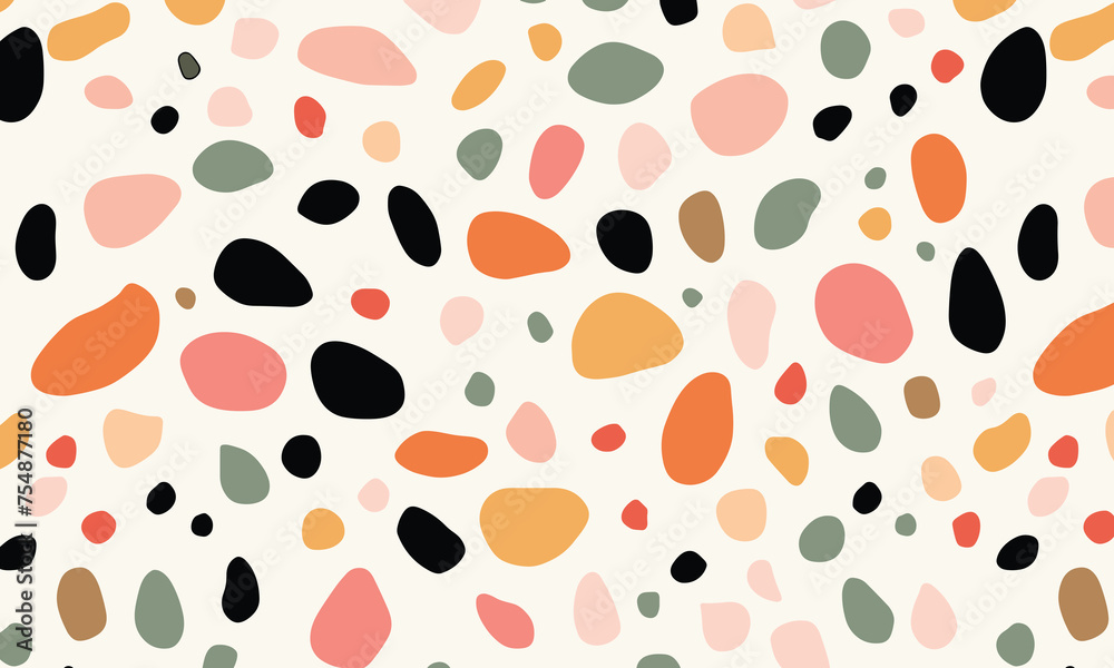 Pattern of Irregularly Shaped Dots in Various Colors, Resembling Pebbles or Stones, Scattered Across the Canvas in a Minimalistic Design. The Color Palette Includes Black, White, Green, Orange & Pink Pattern of Irregularly Shaped Dots in Various Colors, Resembling Pebbles or Stones, Scattered Across the Canvas in a Minimalistic Design. The Color Palette Includes Black, White, Green, Orange & Pink