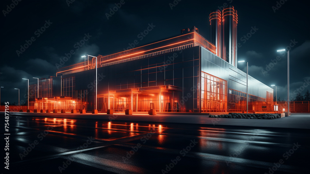 Industrial building outlined by neon orange lighting fixtures.