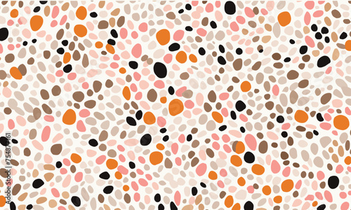 Pattern of Irregularly Shaped Dots in Various Colors, Resembling Pebbles or Stones, Scattered Across the Canvas in a Minimalistic Design. The Color Palette Includes Black, White, Green, Orange & Pink