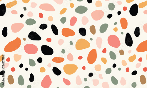 Pattern of Irregularly Shaped Dots in Various Colors, Resembling Pebbles or Stones, Scattered Across the Canvas in a Minimalistic Design. The Color Palette Includes Black, White, Green, Orange & Pink