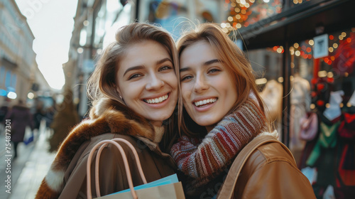 happy girlfriends looking at camera while standing with shopping bags near shopping mall