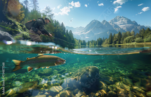 Photo of a fly fisherman with his fishing rod, an underwater view from the water surface showing an action shot where he is pulling out a large rainbow trout from a river in an autumn forest landscape