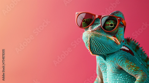 Chameleon wearing sunglasses on a solid color background