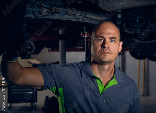 Portrait of male auto repair mechanic worker posing at workplace