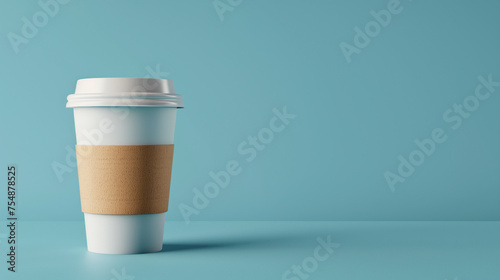 paper coffee cup on blue background, mock-up, copy space