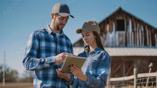 With the latest technology at their fingertips, the modern man and young woman farmer embrace the future of agriculture as they utilize a tablet to access cloud-based software solu photo