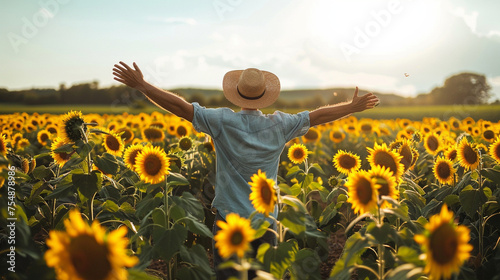 Surrounded by rows of vibrant sunflowers swaying gently in the breeze, the farmer stands with arms outstretched, a joyful smile spreading across his face as he basks in the warmth