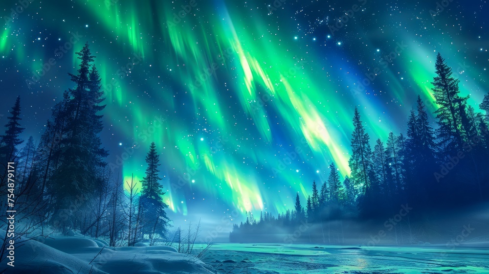 Majestic Northern Lights Aurora Borealis Dancing Over Snowy Pine Forest Landscape at Night