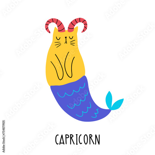 Cat Zodiac Astrology Sign Capricorn. Hand draw style. Vector illustration zodiacal symbols. Isolated on white background. Good for posters, t shirts, postcards